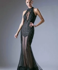 Cinderella Divine - 496 High Halter Neck Sheer Embellished Evening Gown