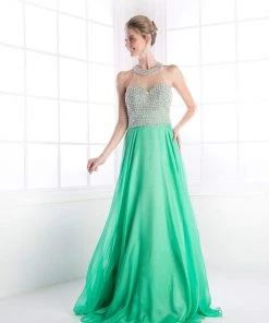 Cinderella Divine - High Halter Pearl Adorned Bodice Chiffon Gown