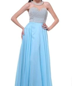 Cinderella Divine - High Halter Pearl Adorned Bodice Chiffon Gown