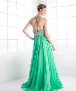 Cinderella Divine - High Halter Pearl Adorned Bodice Chiffon Gown