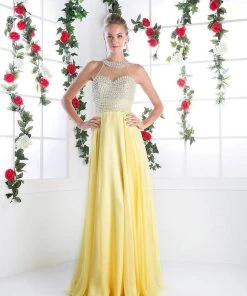 Cinderella Divine - High Halter Pearl Adorned Bodice Chiffon Gown