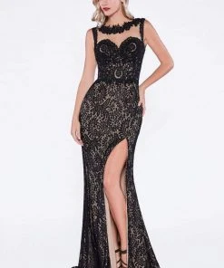 Cinderella Divine - Illusion Jewel Neck Lace Evening Gown With Slit Formal Gowns
