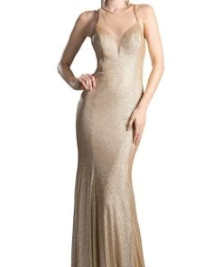 Cinderella Divine - Illusion Jewel Neck Shimmer Fabric Fitted Dress Formal Gowns