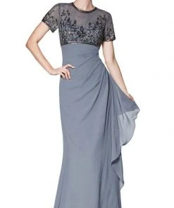 Cinderella Divine - J0295 Vine Embroidered Sheer Short Sleeve Drape Ruffle Dress - 1 Pc Gray In Size 8 Available Formal Gowns