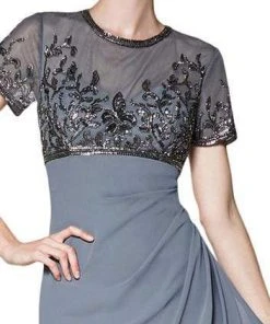 Cinderella Divine - J0295 Vine Embroidered Sheer Short Sleeve Drape Ruffle Dress - 1 Pc Gray In Size 8 Available Formal Gowns