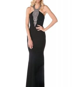 Cinderella Divine - J727 Beaded Halter Sateen Trumpet Dress