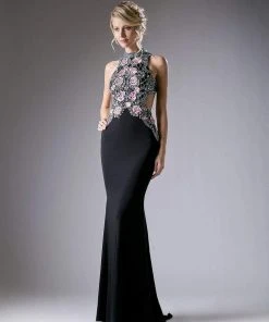Formal Gowns Cinderella Divine - KC1799 Floral Applique Beaded Jersey Evening Gown