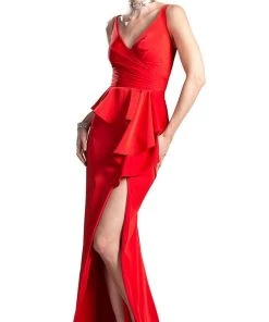 Cinderella Divine - KC1849 Sleeveless Pleated V-neck Sheath Dress