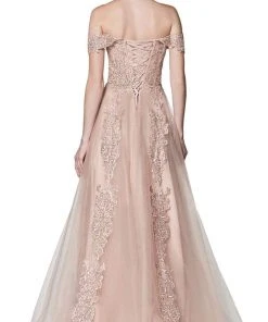 Formal Gowns Cinderella Divine - KC19070 Off Shoulder Embelished Lace Lace Up Back Tulle Gown - 1 Pc Dusty Rose In Size 6 Available