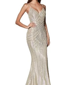 Cinderella Divine - KC875 Beaded Plunging V-neck Trumpet Dress