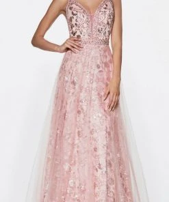 Cinderella Divine - KC888 Sleeveless Sheer Plunging Neck Glitter Gown