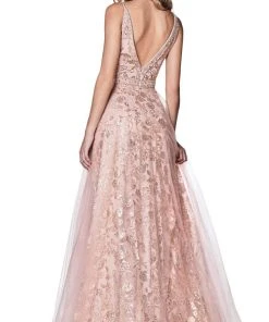 Cinderella Divine - KC888 Sleeveless Sheer Plunging Neck Glitter Gown