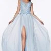 Formal Gowns Cinderella Divine - KV1040 Embroidered Lace High Slit A-Line Gown