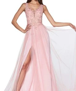 Formal Gowns Cinderella Divine - KV1040 Embroidered Lace High Slit A-Line Gown