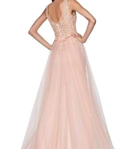 Formal Gowns Cinderella Divine - KV1040 Embroidered Lace High Slit A-Line Gown
