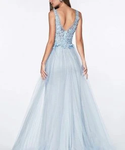 Formal Gowns Cinderella Divine - KV1040 Embroidered Lace High Slit A-Line Gown