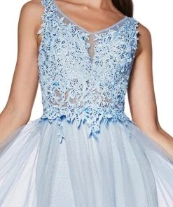 Formal Gowns Cinderella Divine - KV1040 Embroidered Lace High Slit A-Line Gown