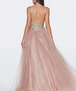 Cinderella Divine - KV1041 Plunging Bejeweled Bodice Tulle Gown Formal Gowns