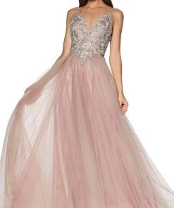 Cinderella Divine - KV1041 Plunging Bejeweled Bodice Tulle Gown Formal Gowns