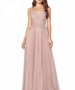 Cinderella Divine - Lace Appliqued V-Neck Long Dress CJ536 - 1 Pc Dusty Rose In Size 6 Available Formal Gowns