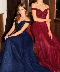 Cinderella Divine - Lace Off Shoulder Prom Gown CD0177 - 1 Pc Burgundy In Size L Available