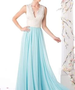 Cinderella Divine - Lace Scalloped V-neck A-line Dress Formal Gowns