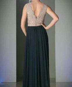 Cinderella Divine - Lace Scalloped V-neck A-line Dress Formal Gowns