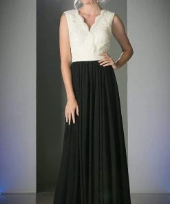 Cinderella Divine - Lace Scalloped V-neck A-line Dress Formal Gowns