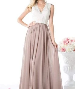 Cinderella Divine - Lace Scalloped V-neck A-line Dress Formal Gowns