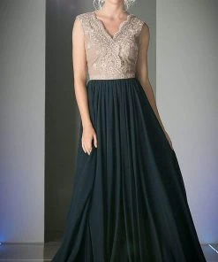 Cinderella Divine - Lace Scalloped V-neck A-line Dress Formal Gowns