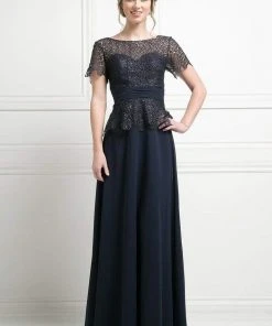 Formal Gowns Cinderella Divine - Lace Short Sleeve Illusion Bateau Sheath Dress