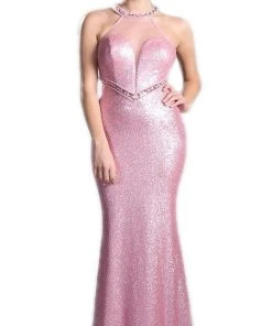 Cinderella Divine - Long Sequined Halter Sheath Prom Dress