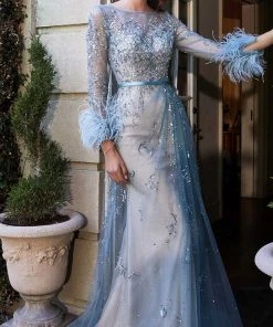Formal Gowns Cinderella Divine - Long Sleeve Tulle Evening Gown B716 - 1 Pc Sea Mist In Size 8 Available