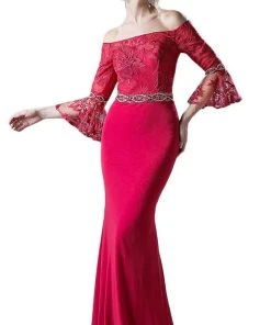 Cinderella Divine - Off-Shoulder Flounce Fitted Gown Formal Gowns