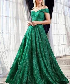 Formal Gowns Cinderella Divine - Off-Shoulder Sparkly Glitter Evening Gown CB050SC - 1 Pc Emerald In Size 6 Available