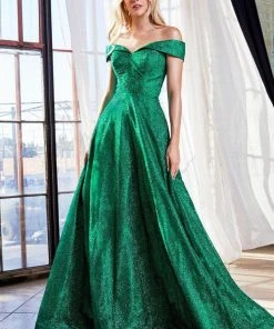 Formal Gowns Cinderella Divine - Off-Shoulder Sparkly Glitter Evening Gown CB050SC - 1 Pc Emerald In Size 6 Available