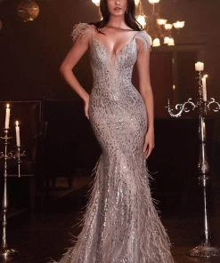 Cinderella Divine - Plunging Feathered Evening Dress CB088 - 1 Pc Silver In Size 20 Available