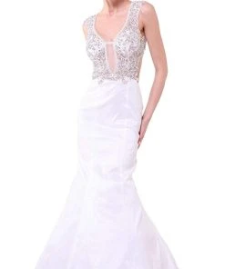 Formal Gowns Cinderella Divine - Plunging Illusion Notched Embellished Evening Gown