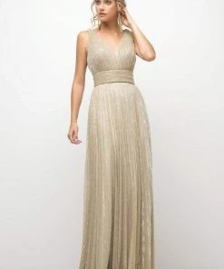 Cinderella Divine - Plunging V-Neck Shirr-Ornate A-Line Evening Gown Formal Gowns