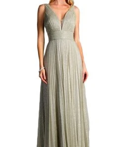 Cinderella Divine - Plunging V-Neck Shirr-Ornate A-Line Evening Gown Formal Gowns