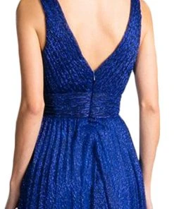 Cinderella Divine - Plunging V-Neck Shirr-Ornate A-Line Evening Gown Formal Gowns