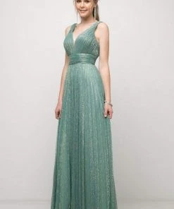 Cinderella Divine - Plunging V-Neck Shirr-Ornate A-Line Evening Gown Formal Gowns