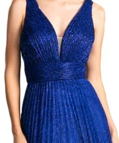 Cinderella Divine - Plunging V-Neck Shirr-Ornate A-Line Evening Gown Formal Gowns