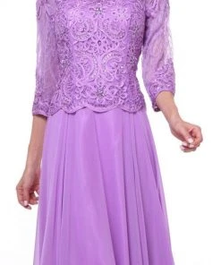 Cinderella Divine - Quarter Sleeve Soutache Bodice A-Line Long Formal Dress 14327 Formal Gowns