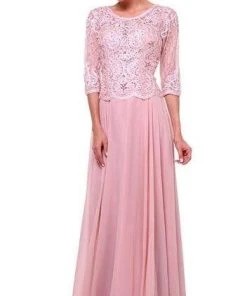 Cinderella Divine - Quarter Sleeve Soutache Bodice A-Line Long Formal Dress 14327 Formal Gowns