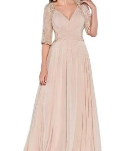 Formal Gowns Cinderella Divine - RV774 Lace Quarter Sleeve Chiffon A-Line Dress