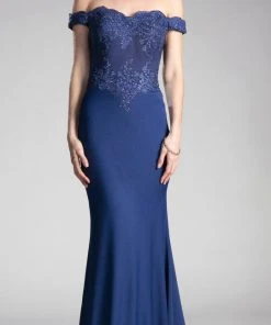 Cinderella Divine - Scalloped Off Shoulder Lace Applique Gown CF158 - 1 Pc Dark Purple In Size S Available