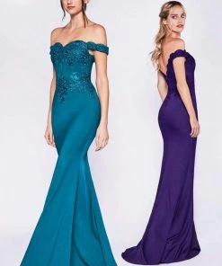 Cinderella Divine - Scalloped Off Shoulder Lace Applique Gown CF158 - 1 Pc Dark Purple In Size S Available