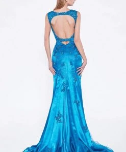 Formal Gowns Cinderella Divine - Scoop Neck Embellished Asymmetric Evening Gown