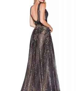 Cinderella Divine - Sequined Deep V-neck A-line Gown CD09 - 1 Pc Dark Silver In Size 6 Available